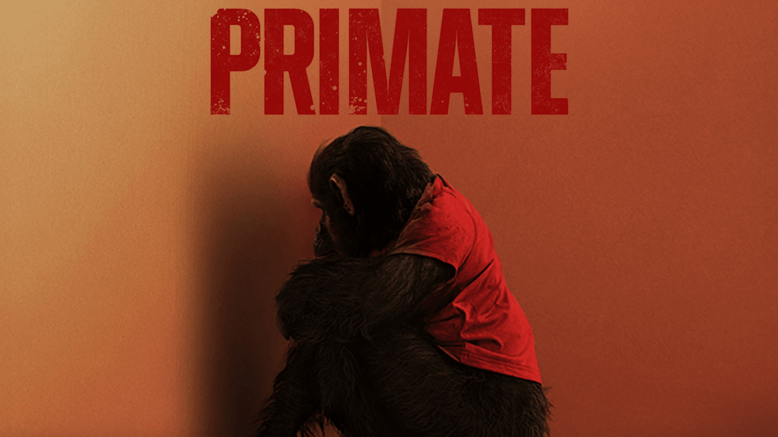 A figure in a red hoodie crouches against a red wall beneath the title 'Primate' in the film's key art.