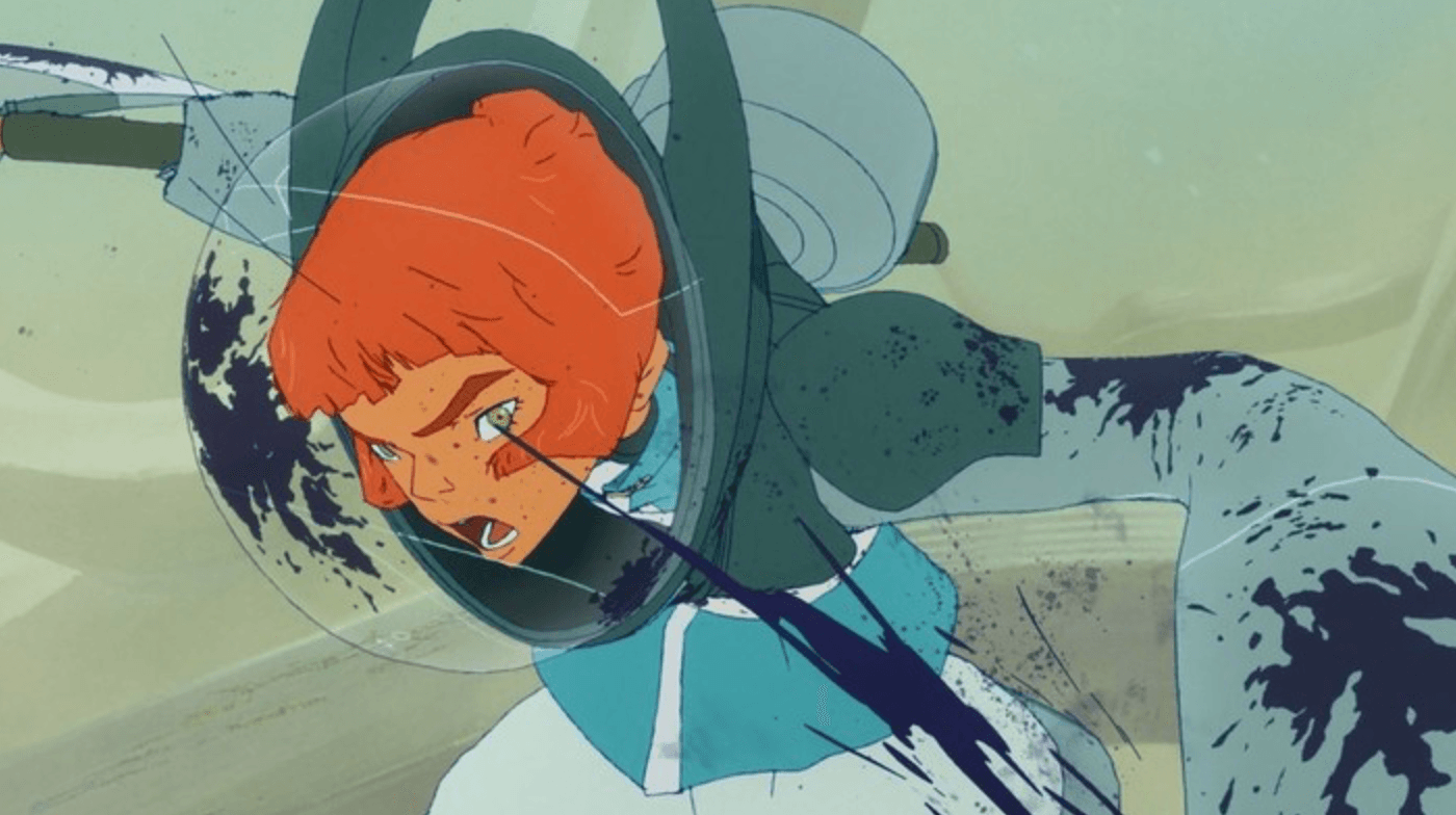 A red-haired anime character in mech armor lies wounded in the snow in a still from 'All You Need is Kill'.