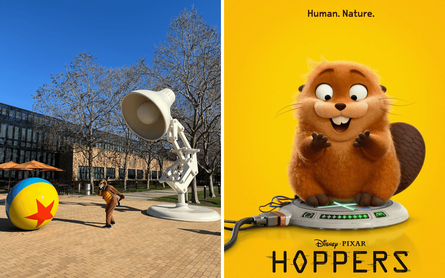 A Luxo lamp sculpture at the entrance to Pixar Animation Studios next to the official 'Hoppers' movie poster.