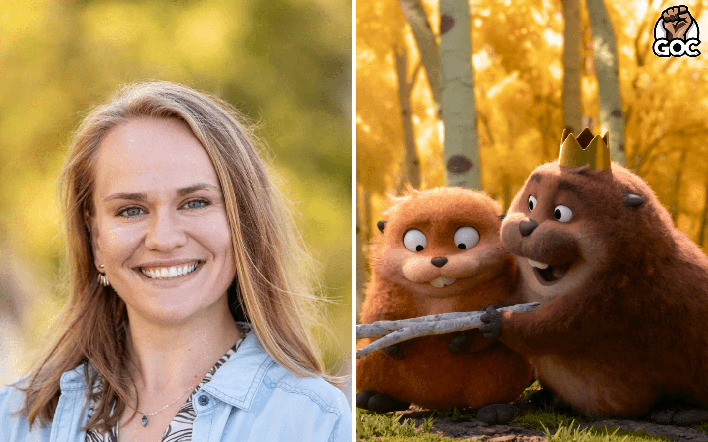 Beaver expert Dr. Emily Fairfax smiles beside a still of two animated beavers from Pixar's 'Hoppers'.