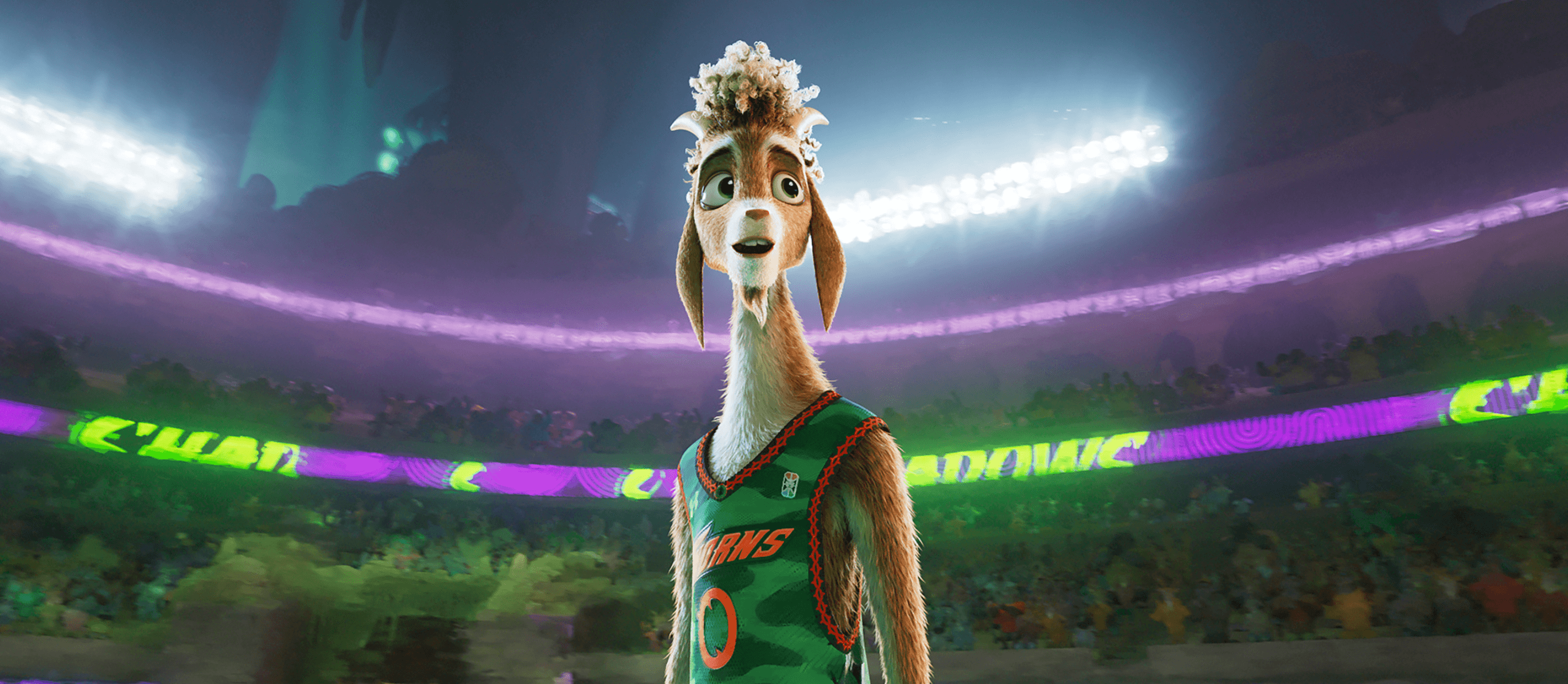 An animated goat with braided hair, a crown, and a jersey stands at center court in a packed basketball arena in Sony Animation's 'Goat'.
