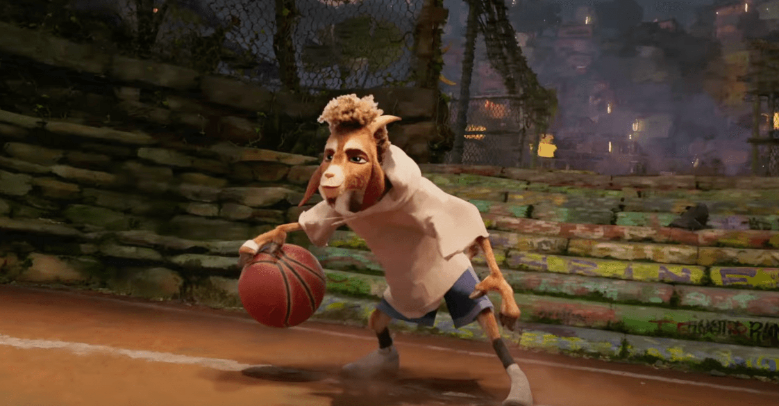 An animated goat dribbles a basketball on an outdoor court at night in a scene from Sony Animation's 'Goat'.
