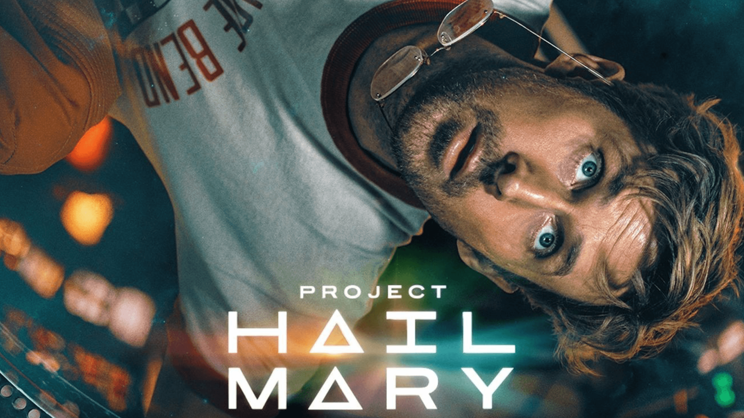 A figure appears beside floating cables and debris next to the 'Project Hail Mary' logo in the film's key art.