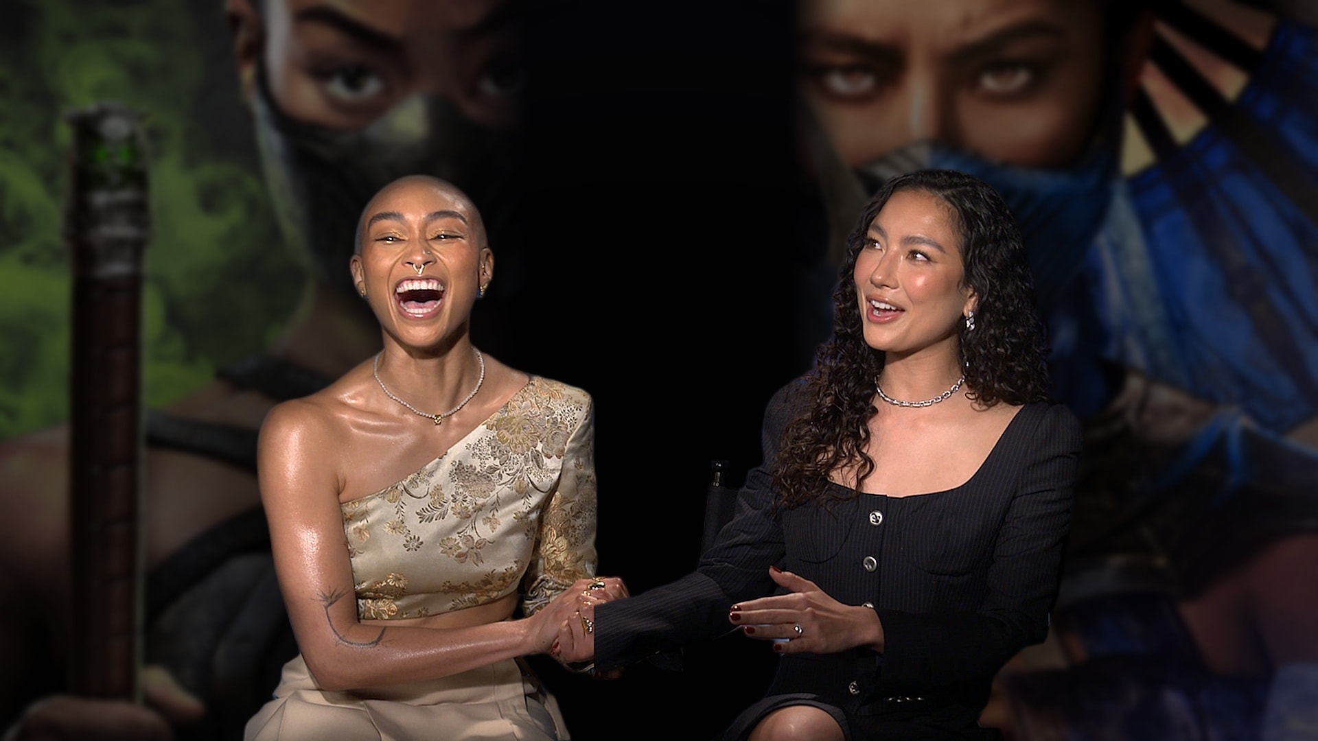 Tati Gabrielle and Adeline Rudolph on Mortal Kombat II press day
