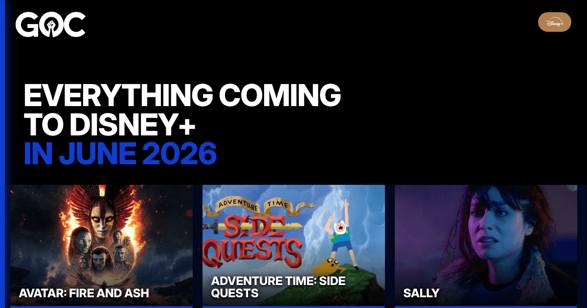 Disney+ June 2026 thumbnail featuring Avatar: Fire and Ash, Adventure Time: Side Quests, and Sally