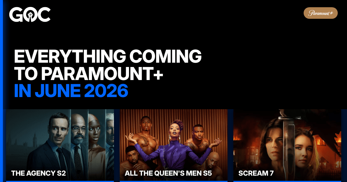 Paramount+ June 2026 thumbnail featuring The Agency S2, All The Queens Men S5, and Scream 7